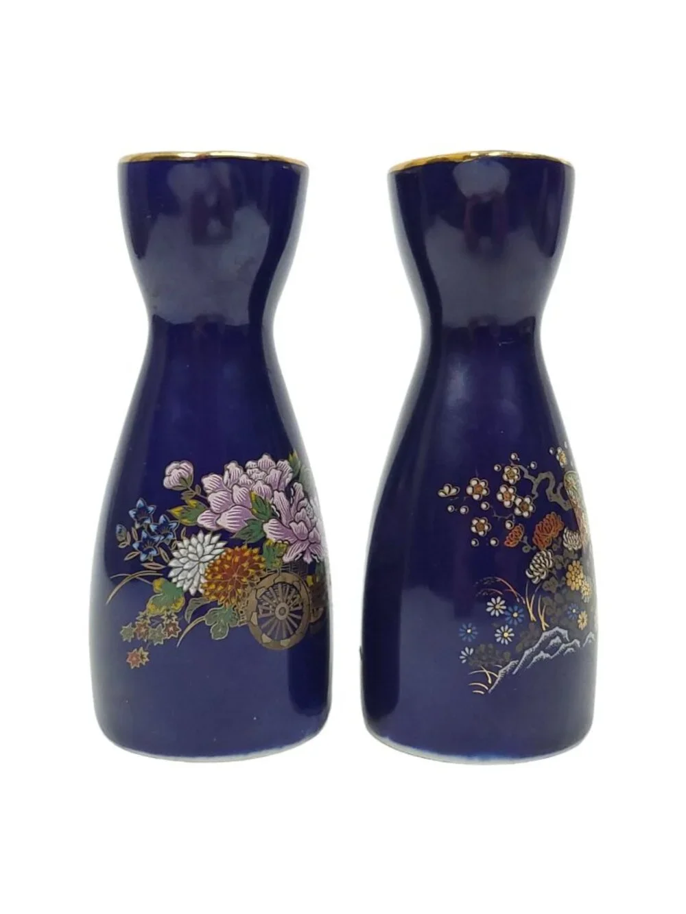 Japanese Kutani Style Cobalt Blue Ceramic Sake Carafe Set Flower Vintage Japan
